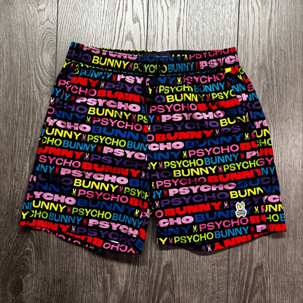 Psycho Bunny Kids Swim Trunks XL 18-20 Black Neon All Over Logo Print Shorts